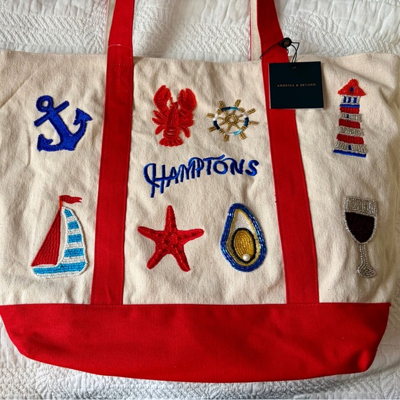 America & Beyond 'Hamptons' Limited Edition Beaded Canvas Tote-Red and Cream - Picture 2 of 11